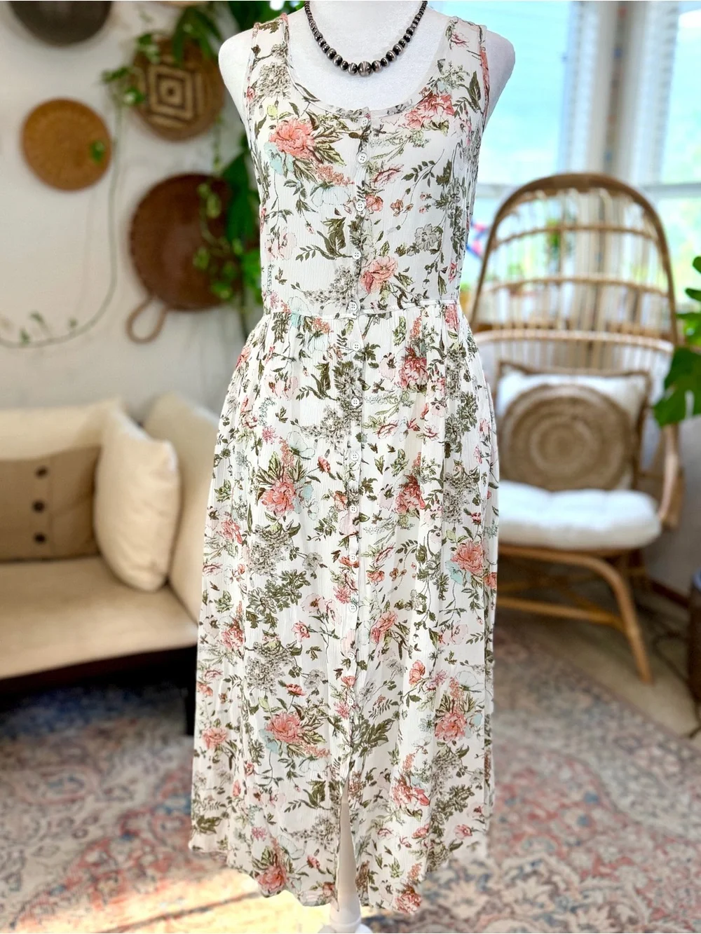FRYE Dress White Pink Green Floral Sundress Button Front Midi Spring Summer M - Picture 4 of 8
